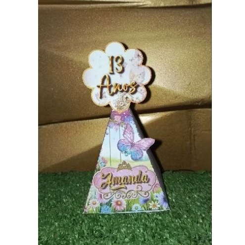 caixa pirâmide personalizada, tema jardim encantado, pegue e monte, aniversário, mimos, lembrancinhas