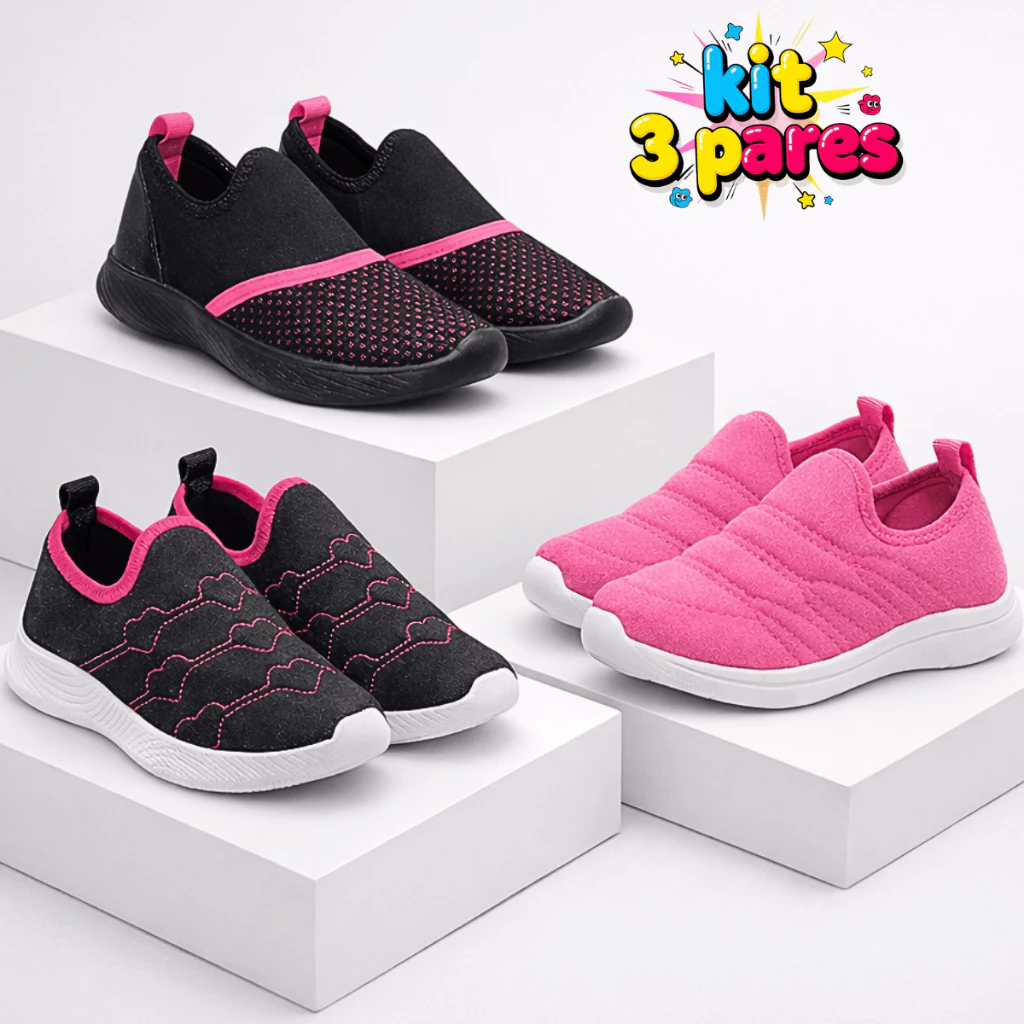 Kit 3 Pares Tênis Infantil Feminino Escolar Calce Fácil Menina Leve Confortável Volta às Aulas