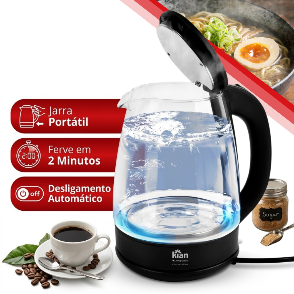 Chaleira Elétrica Vidro Kian 1.8L Vidro LED Azul 220v Chá Café Chimarrão Rápida Original Garantia