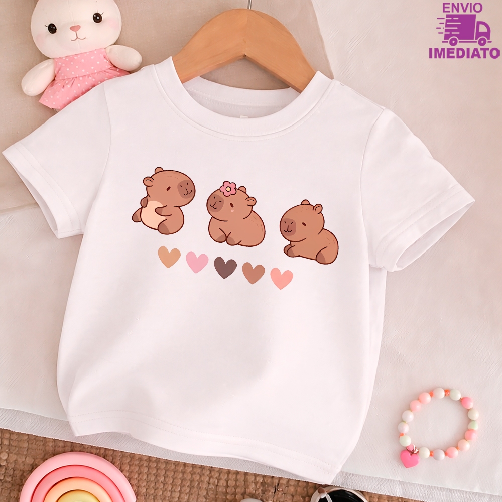 Camiseta Infantil Capivaras Apaixonadas – 100% Algodão Premium Menina Confortável e Estampada -13