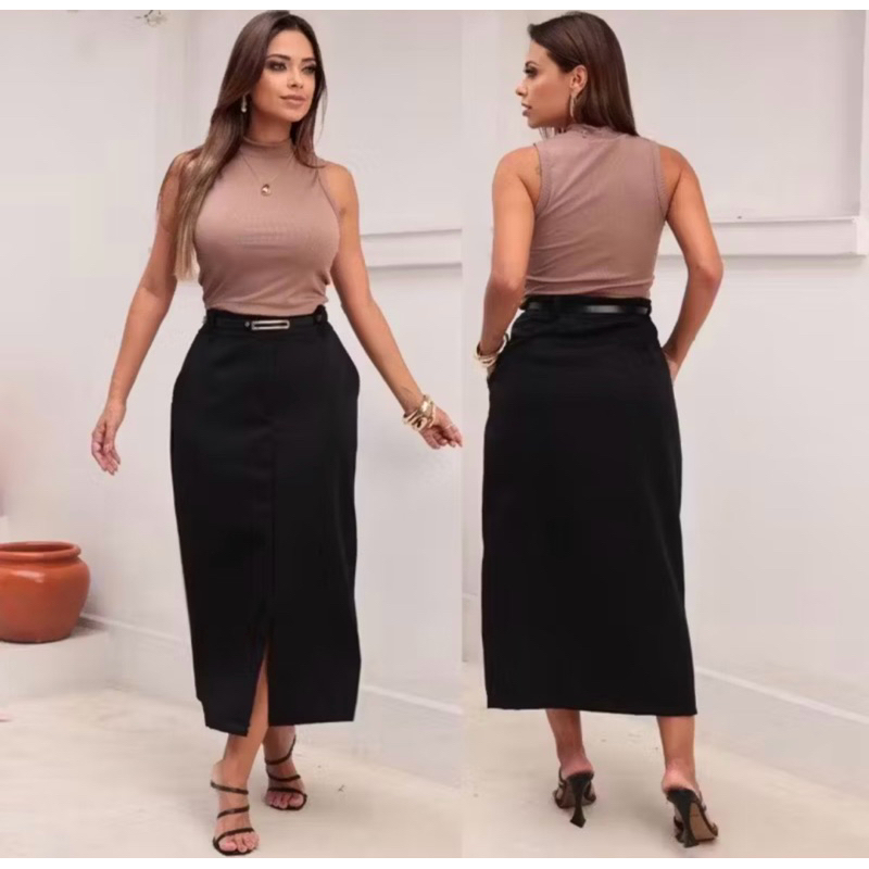 SAIA MÍDI ALFAIATARIA MODA EVANGÉLICA FEMININA MODA CRISTÃ CINTURA ALTA