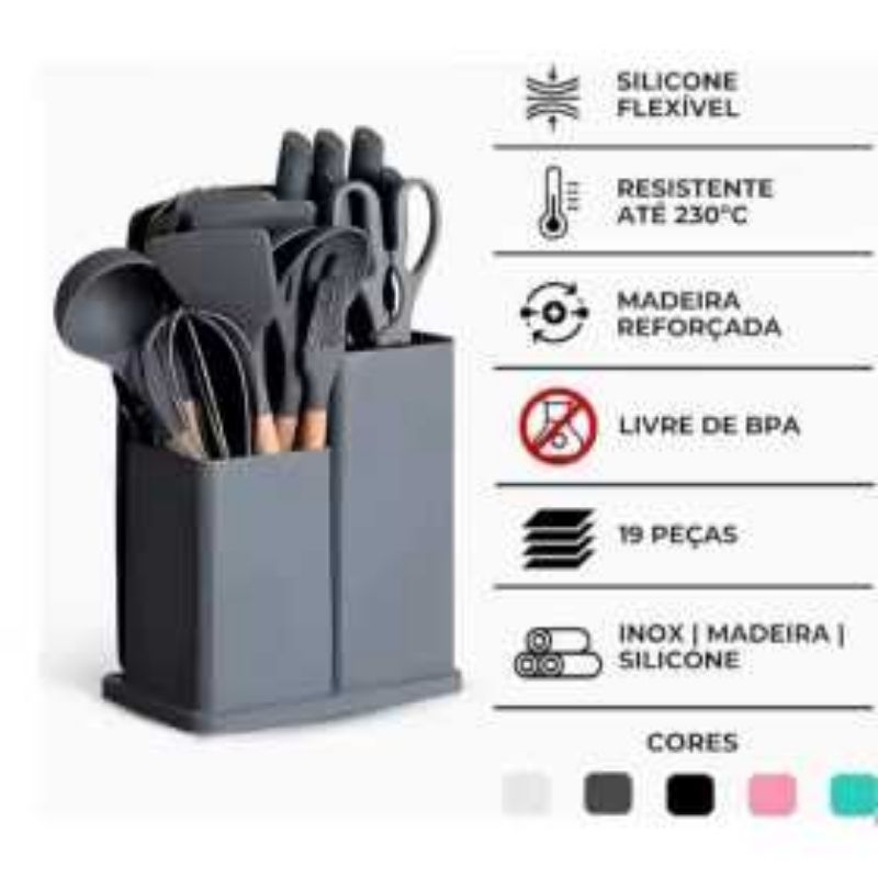 Kit Completo de Utensílios de Cozinha Antiaderente 19 Peças – Silicone Resistente e Cabo Amadeirado - Escolha a sua Cor