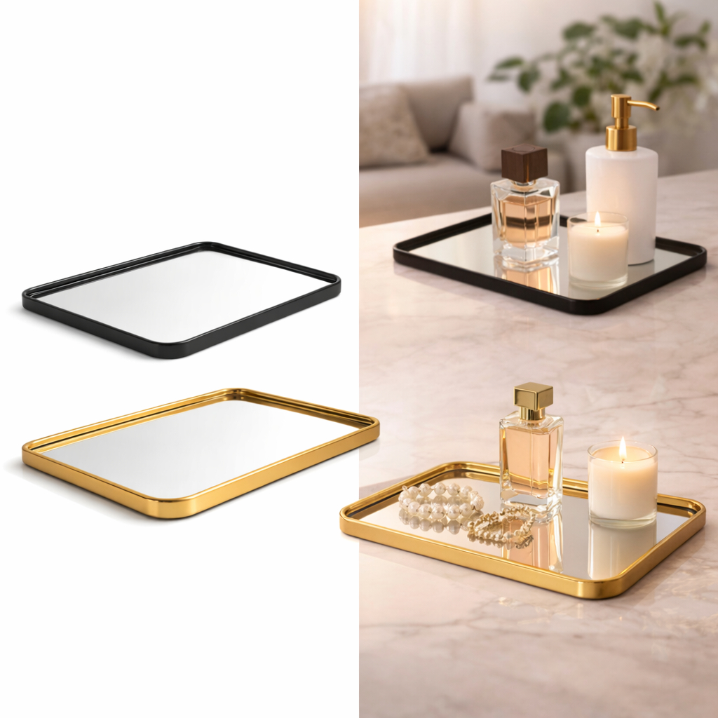 Bandeja Decorativa Espelhada Multiuso Sala Quarto Maquiagem Decoração 20x30CM Luxuosa Dourada Preta em Oferta na Shopee