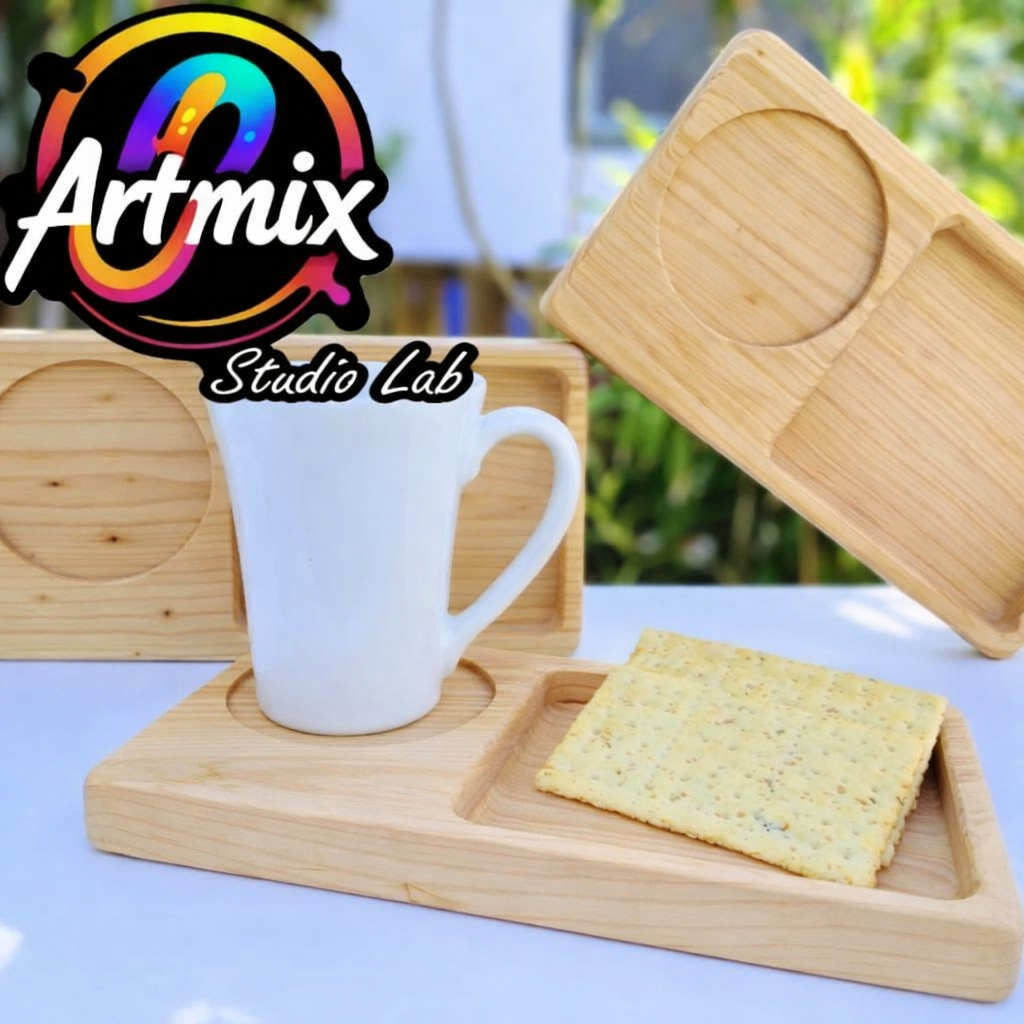 Bandeja Porta Xícara Café em Madeira Pinus | Porta Copo com Porta Biscoito