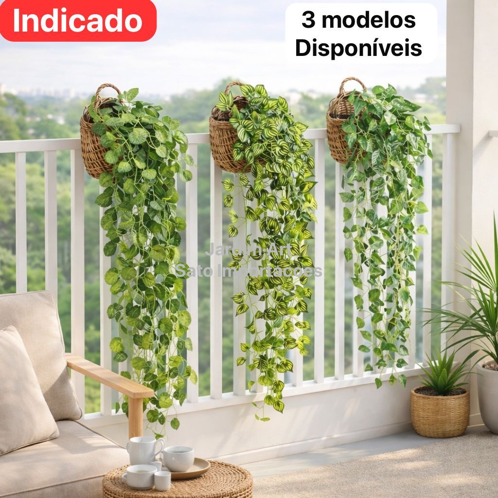 Kit 3 Arranjos Pendente Artificial com 9 Folhagens + 3 Vasos Sintéticos Trançados para Decoração de Parede pt11