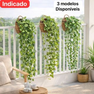 Kit 3 Arranjos Pendente Artificial com 9 Folhagens + 3 Vasos Sintéticos Trançados para Decoração de Parede pt11
