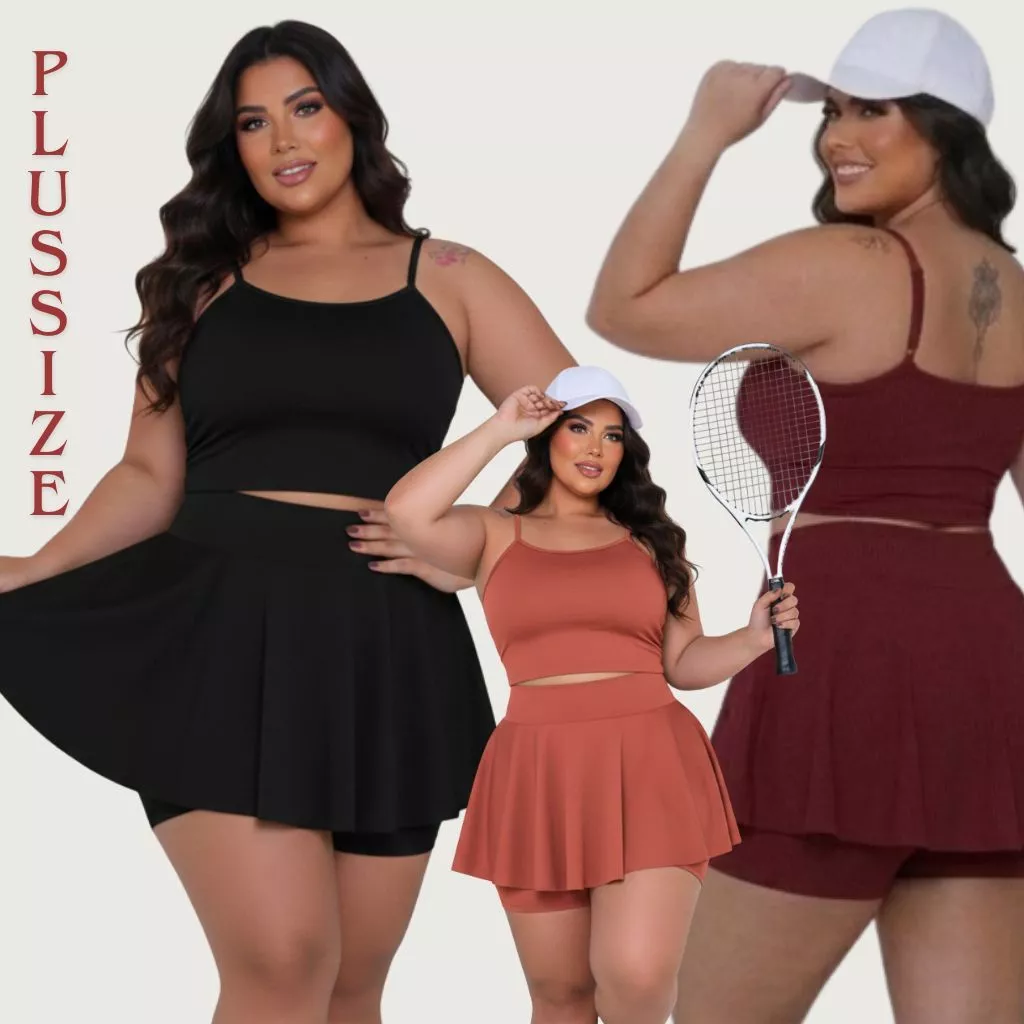 Kit 3 Conjuntos Fitness Plus Size Short Saia e Top Academia Cintura Alta Treino Feminino Confortável Zero Transparência — imagem 1
