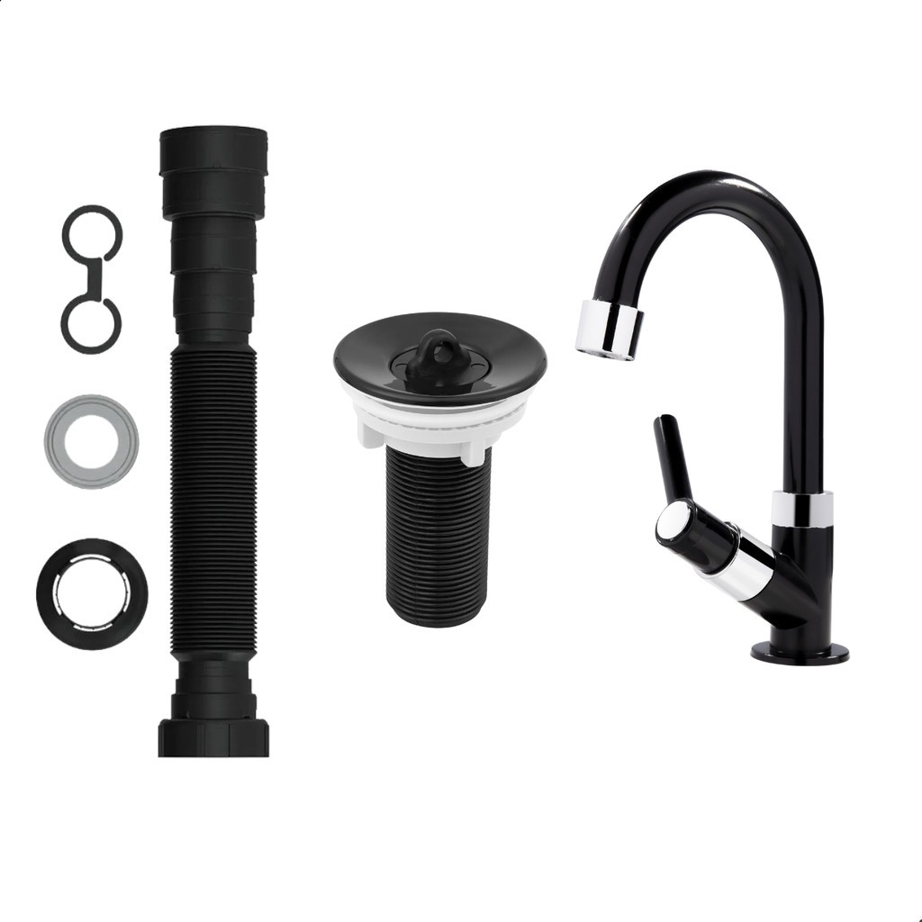 Kit Torneira para Lavatório/Banheiro + Válvula + Sifão - Preto/Black