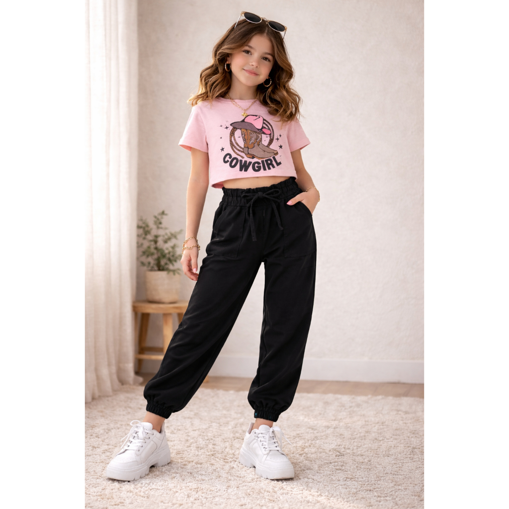 Conjunto Feminino Infantil Cowgirl Mini Boiadeira Cropped Cowgirl Algodão Calça Jogger Moda country Boiadeira Look Style