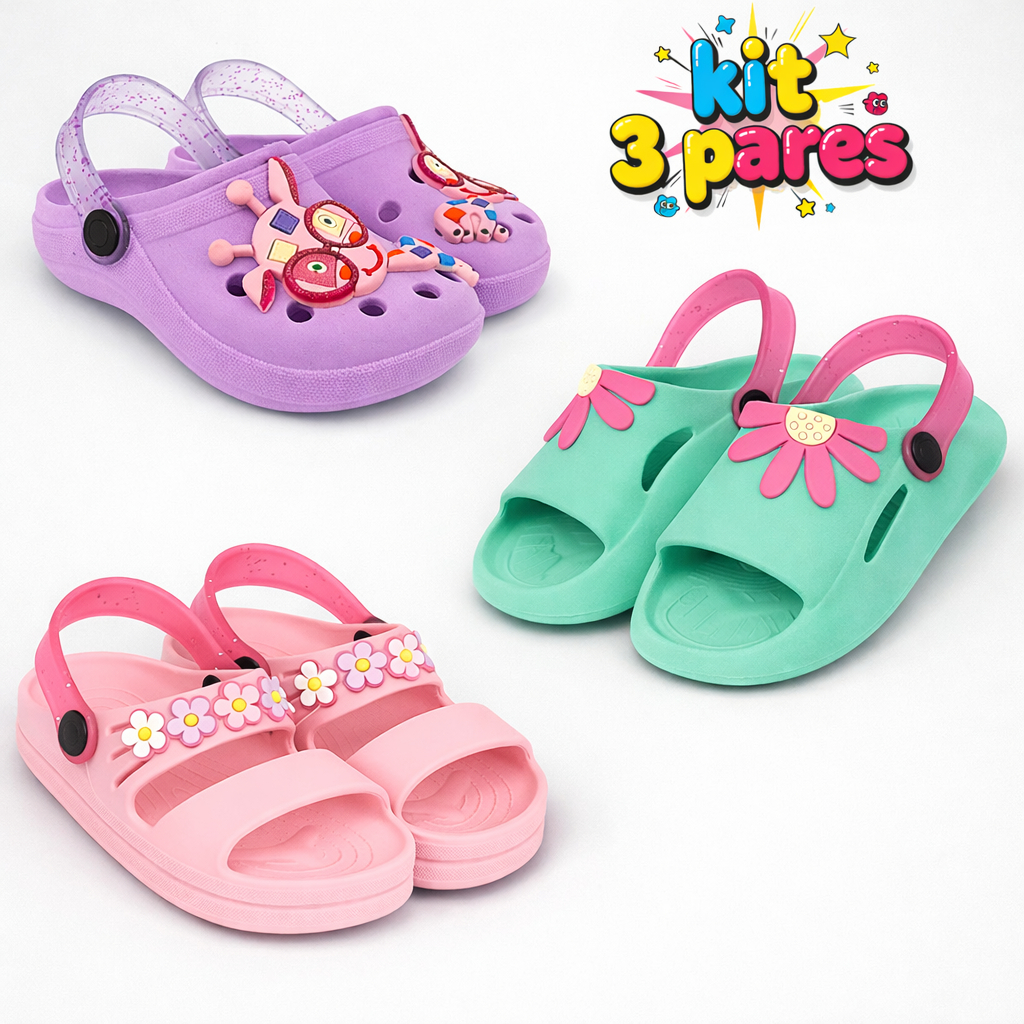 Kit 3 Pares Sandália Babuche Menina Infantil Papete Leve Confortável Anatômico