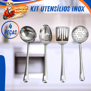 Kit Utensílios Inox Cozinha 4 Peças Concha Colher Arroz Escumadeira Espátula Vazada Profissional Top em Oferta na Shopee