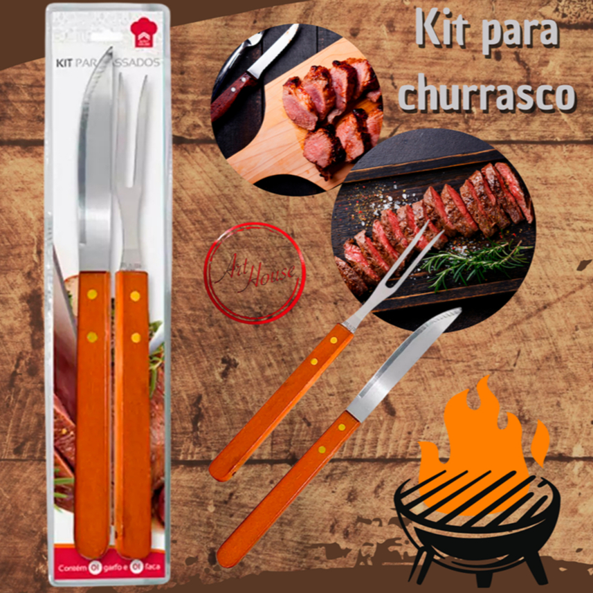 Kit Churrasco Art House - faca + garfo cabo longo em madeira