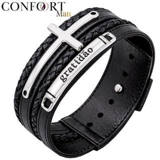 Pulseira de Couro Masculina Cruz Gratidão Proteção Resiliência - Vários Modelos em Oferta na Shopee