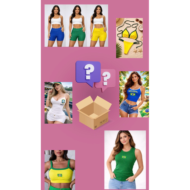 Mystery Box Feminina Moda Brasil | Shorts Fitness, Regata Brasil, Top e Biquíni | Peças Surpresa