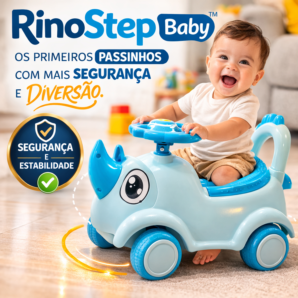 Andador Infantil Bebê Rinoceronte Azul RinoStep Baby™ com Rodas Estáveis e Assento Confortável