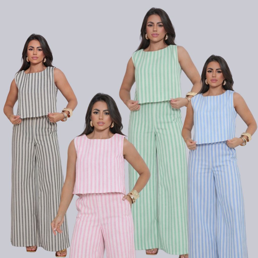 Conjunto Feminino Linho Premium Listrado | Pantalona Alfaiataria Elegante Verão Moda Feminina em Oferta na Shopee