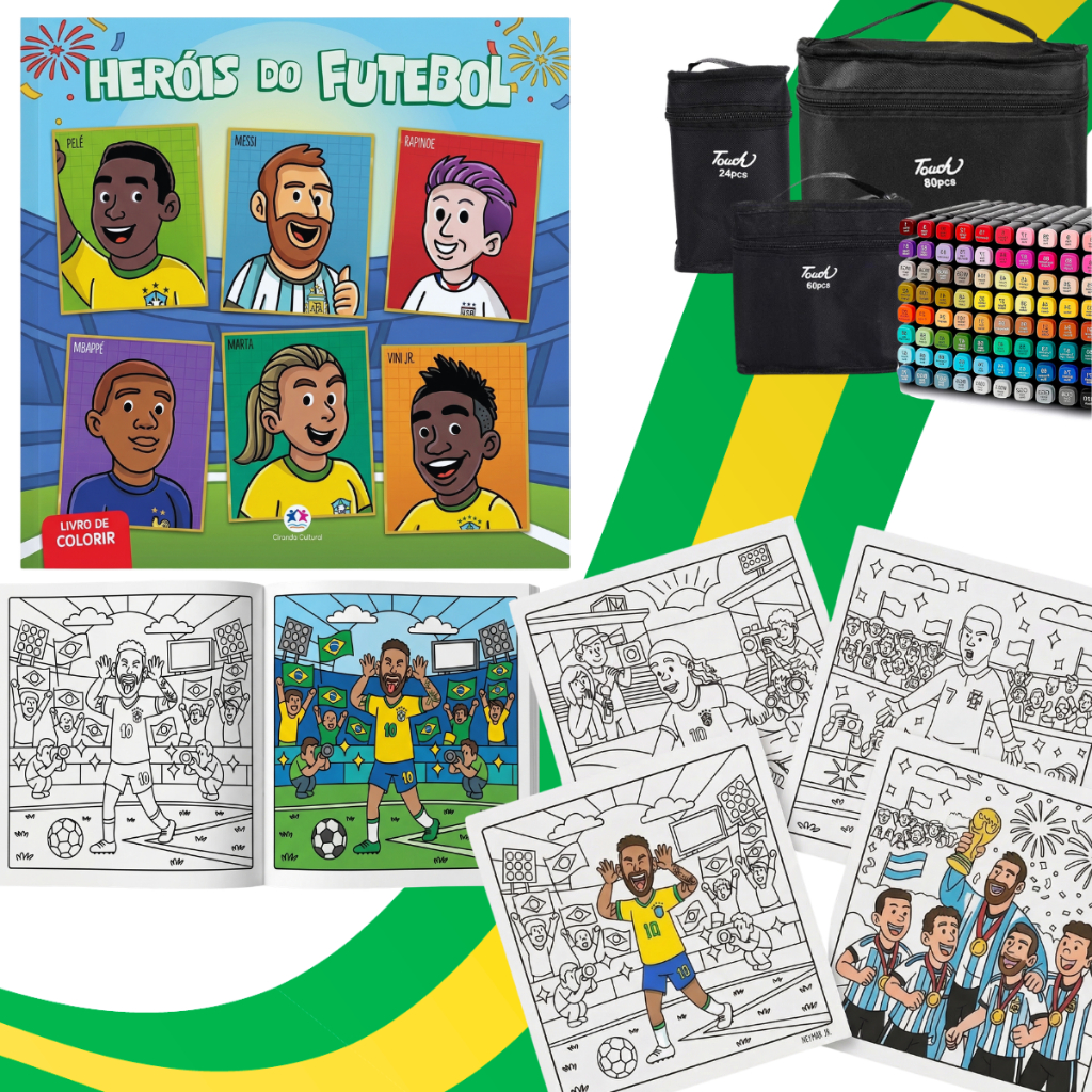 Kit Livro De Colorir Copa Do Mundo 2026 + 24/60/80 Canetinhas Colorida Eua Jogadores Seleção Brasil Futebol Ponta Bobbie