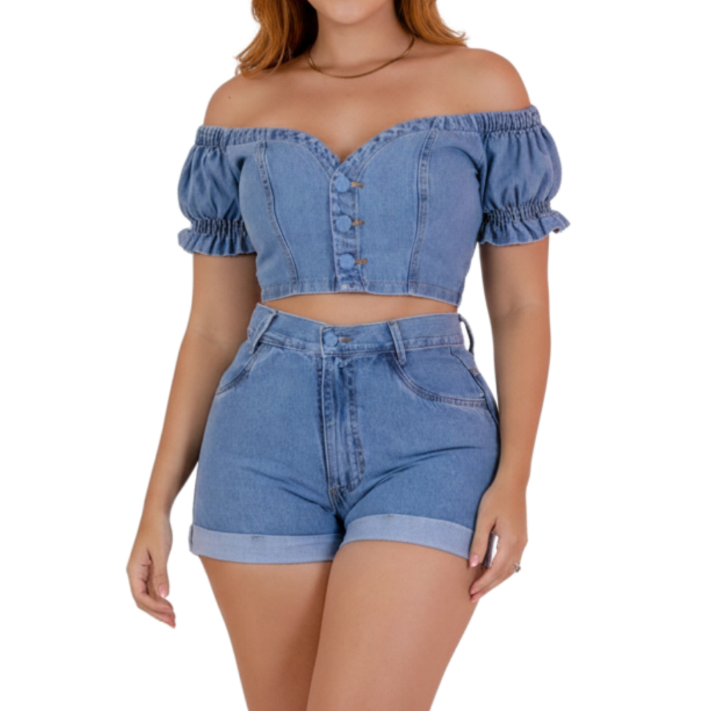 Conjunto Jeans Feminino Premium Cropped Short Jeans Cintura Alta Tendência 2026 Modelagem Premium