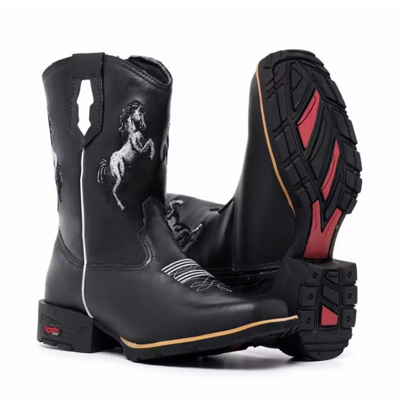 Bota Masculina Infantil Menino Bordada Cavalo Boi Bico Quadrado Texana Cowboy Country Estilosa Confortável