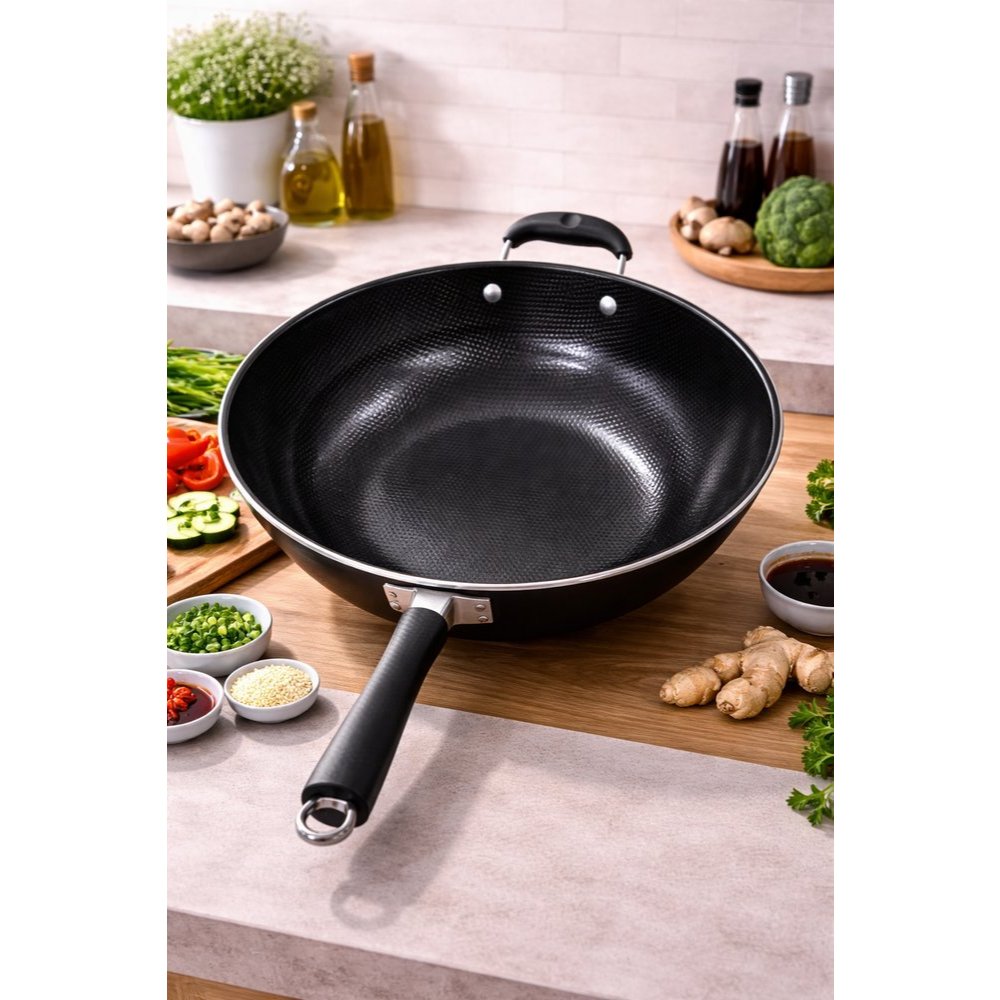 Imagem Frigideira Antiaderente Wok 34cm Profissional Ferro Cabo Baquelite Alça Auxiliar Preta