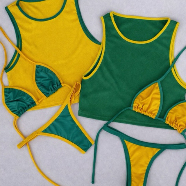 kit brasil regata blusa canelada bicolor + biquíni bicolor fita cortinha bronze copa em Oferta na Shopee