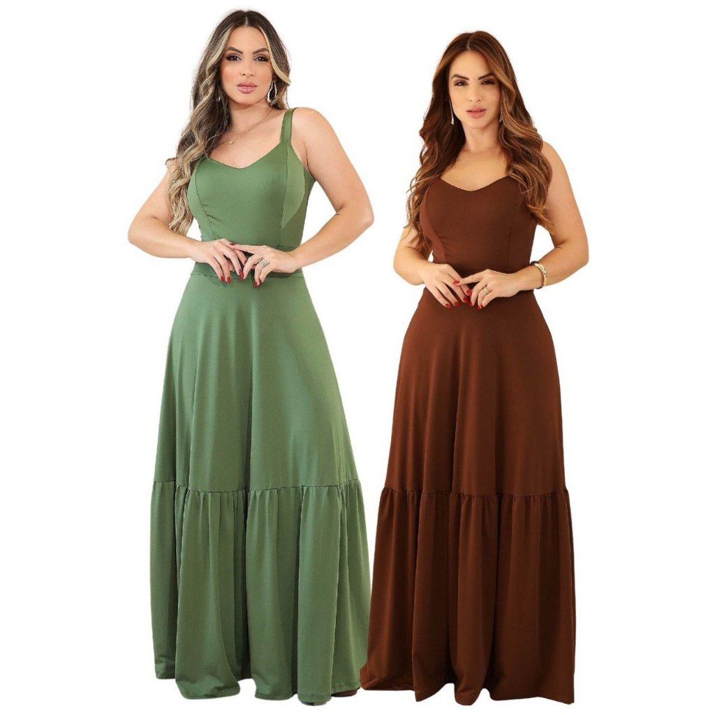 KIT 2 Vestido Longo Feminino Alça Malha Confortável Liso Soltinho Elegante Verão