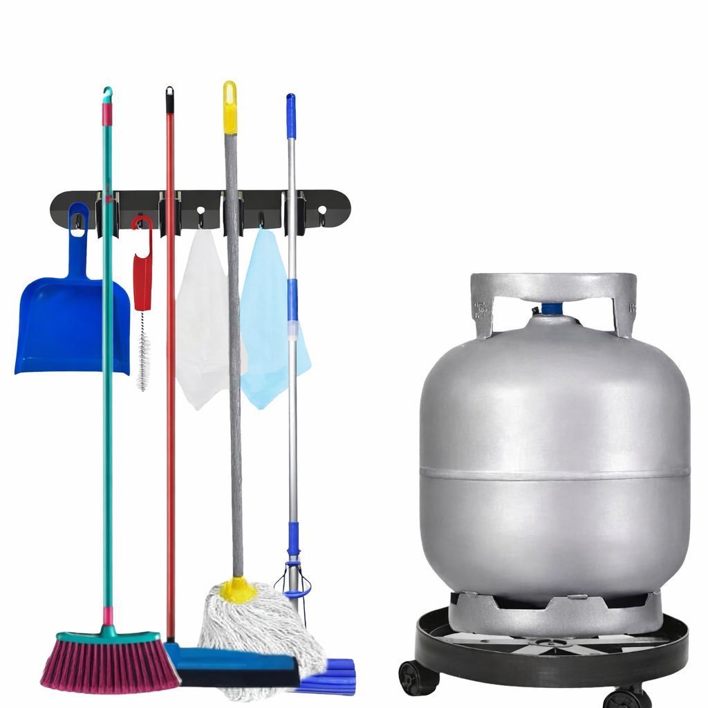 Kit Suporte Base Botijão Vaso Água Parede Vassoura Rodo Pá Mop Pr
