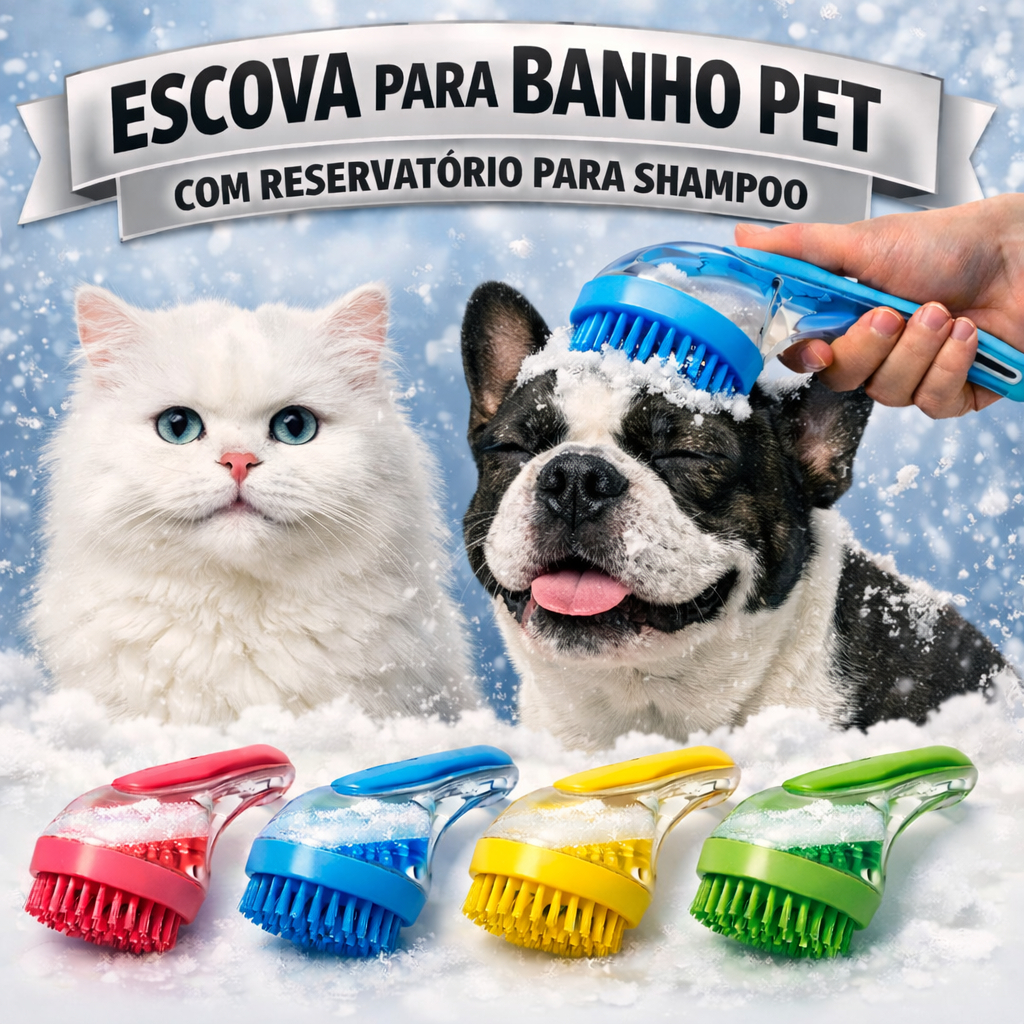 Escova De Banho Pet Cães Gatos Silicone Massageador Com Porta Shampoo Fácil Uso