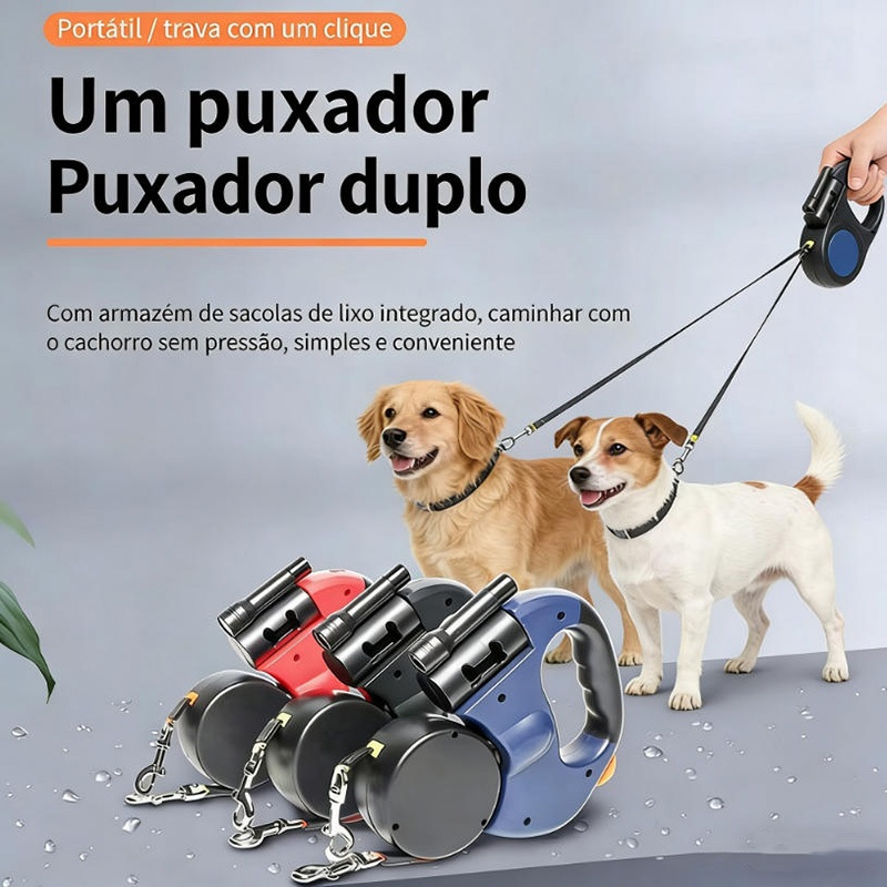 Coleira retrátil automática para cães dupla telescópica de 3metros coleira para cachorro com botões controle para ajuste