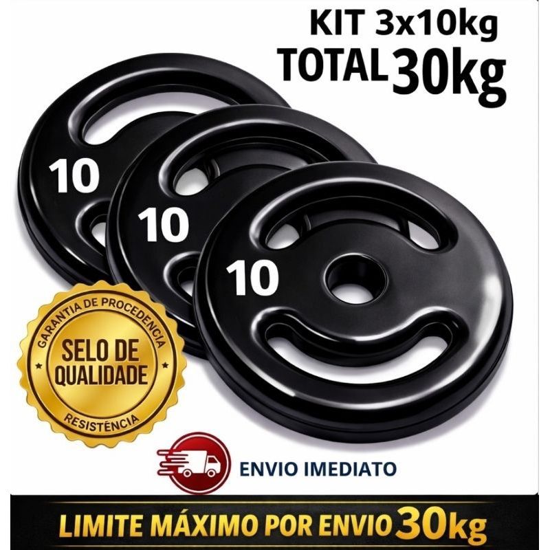 Kit 3 Anilhas 10kg (3×10kg)Emborrachadas Academia Treino Musculação Pronta entrega envio imediato.