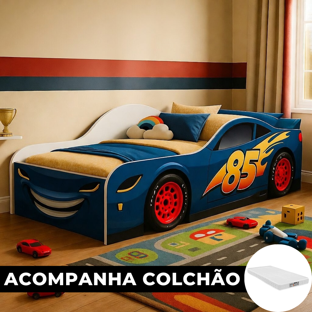 Cama Carro Infantil Junivel com Colchao Adesivada Quarto de Criança Cama com Proteção Laretal em Oferta na Shopee