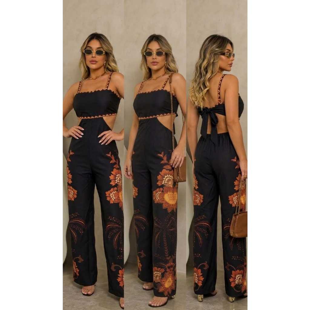 Macacão Feminino Longo com Estampa Floral, Recorte na Cintura e Alça Fina – Elegante Casua