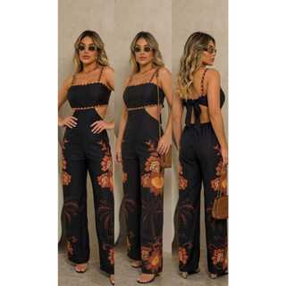 Macacão Feminino Longo com Estampa Floral, Recorte na Cintura e Alça Fina – Elegante Casua