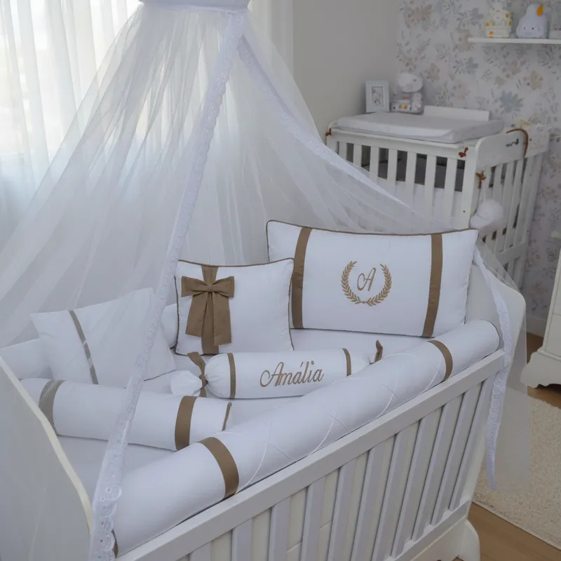 kit protetor de berço branco e ocre 100% algodão personalizado