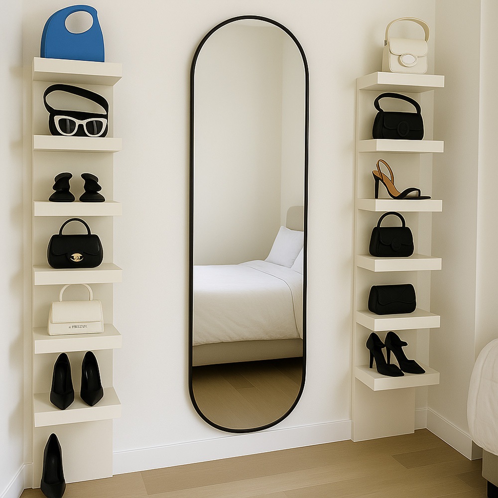 Espelho Decorativo Orgânico Capsula Vertical e Horizontal 110x30 cm com Alça em Couro Ecológico