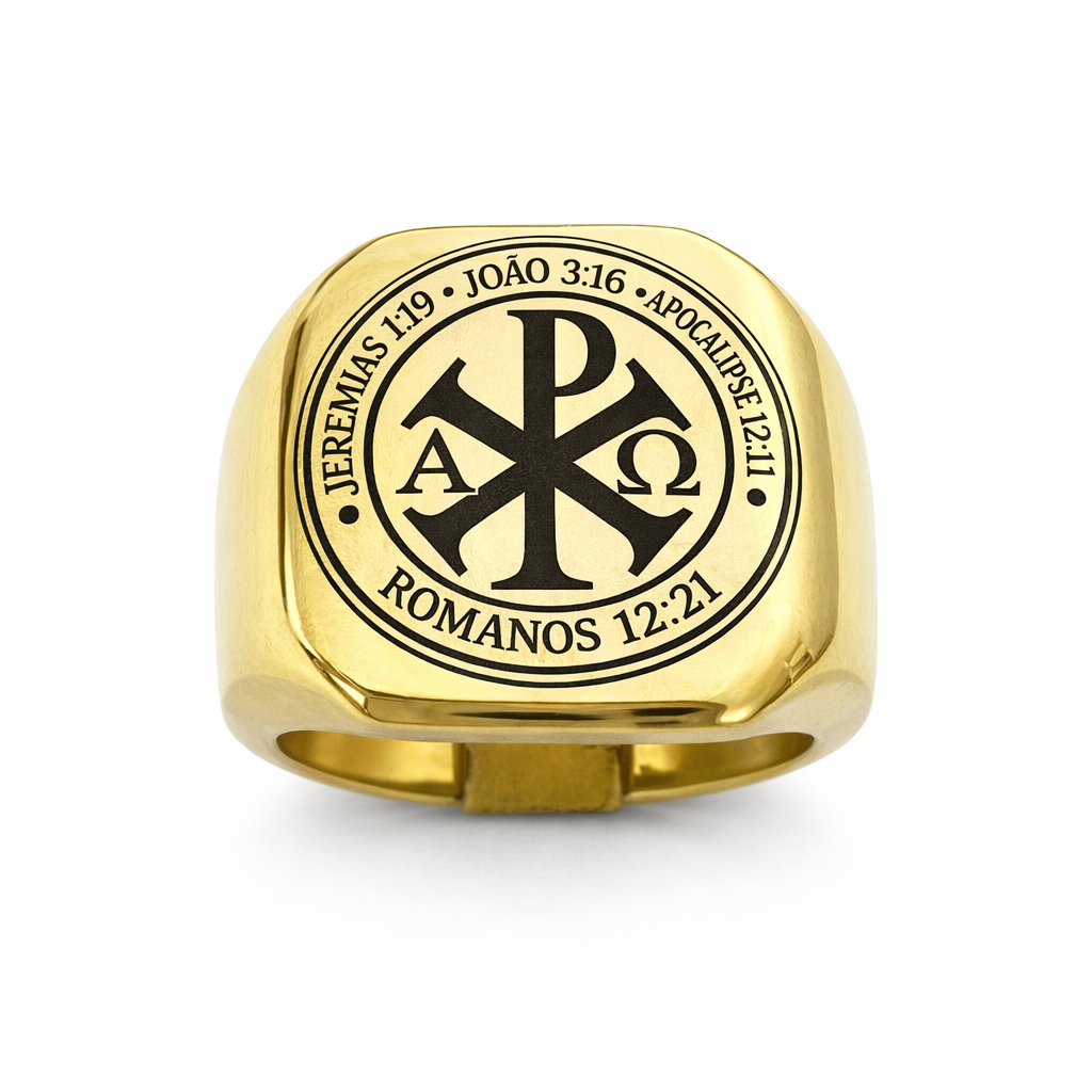 Anel Teologia Formatura Masculino Aço Chi Rho Alfa Ômega Banhado Ouro 18k Cristão Evangêlico Pastoral PREMIUM