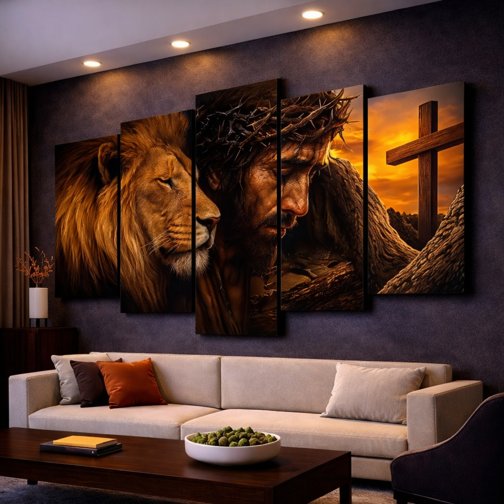 Kit 5 Quadros Decorativos Leão Religioso Jesus Mosaico Sala Quarto Escritório em Oferta na Shopee