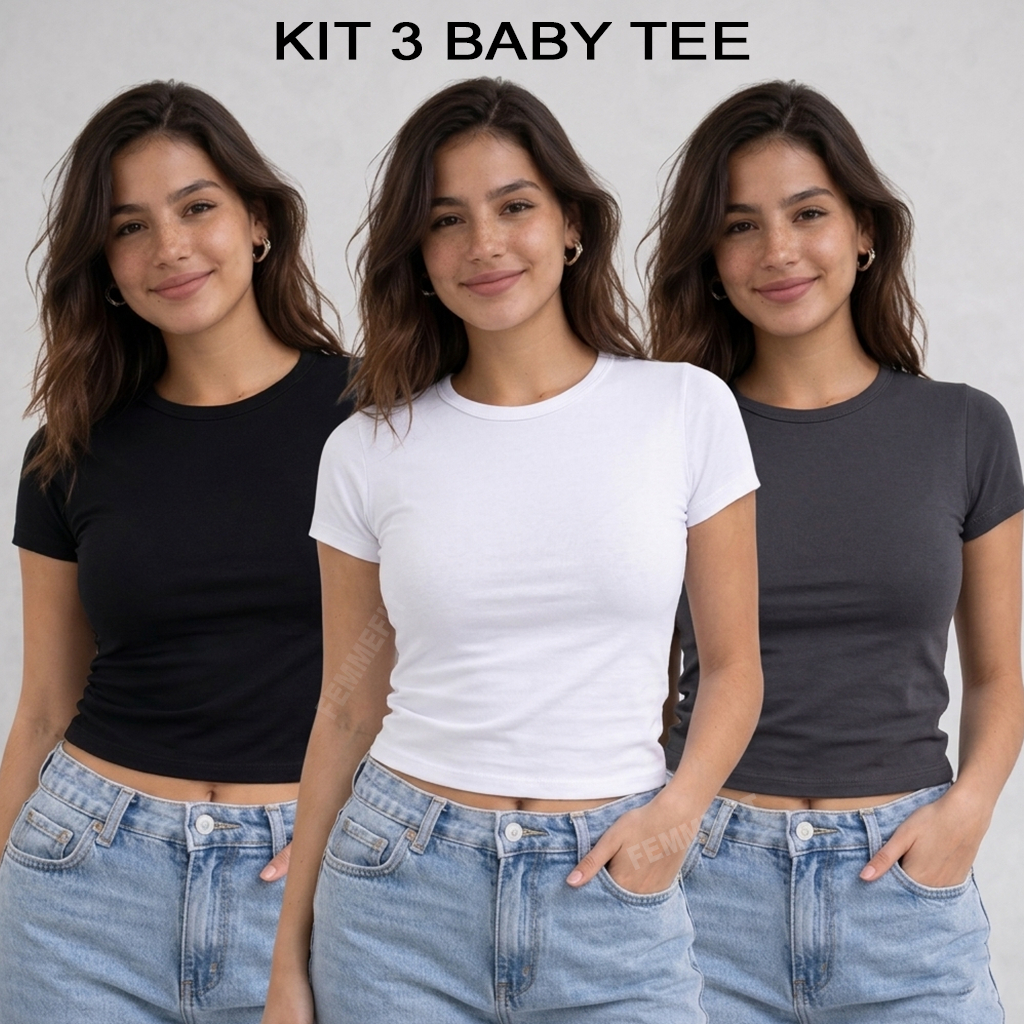 Kit 3 Camisa Baby Tee Feminina Slim Fit Manga Curta Suplex Blusa Academia