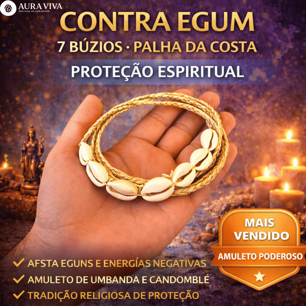 Contra Egum 7 Búzios Palha da Costa Proteção Espiritual Umbanda Candomblé Amuleto Religioso