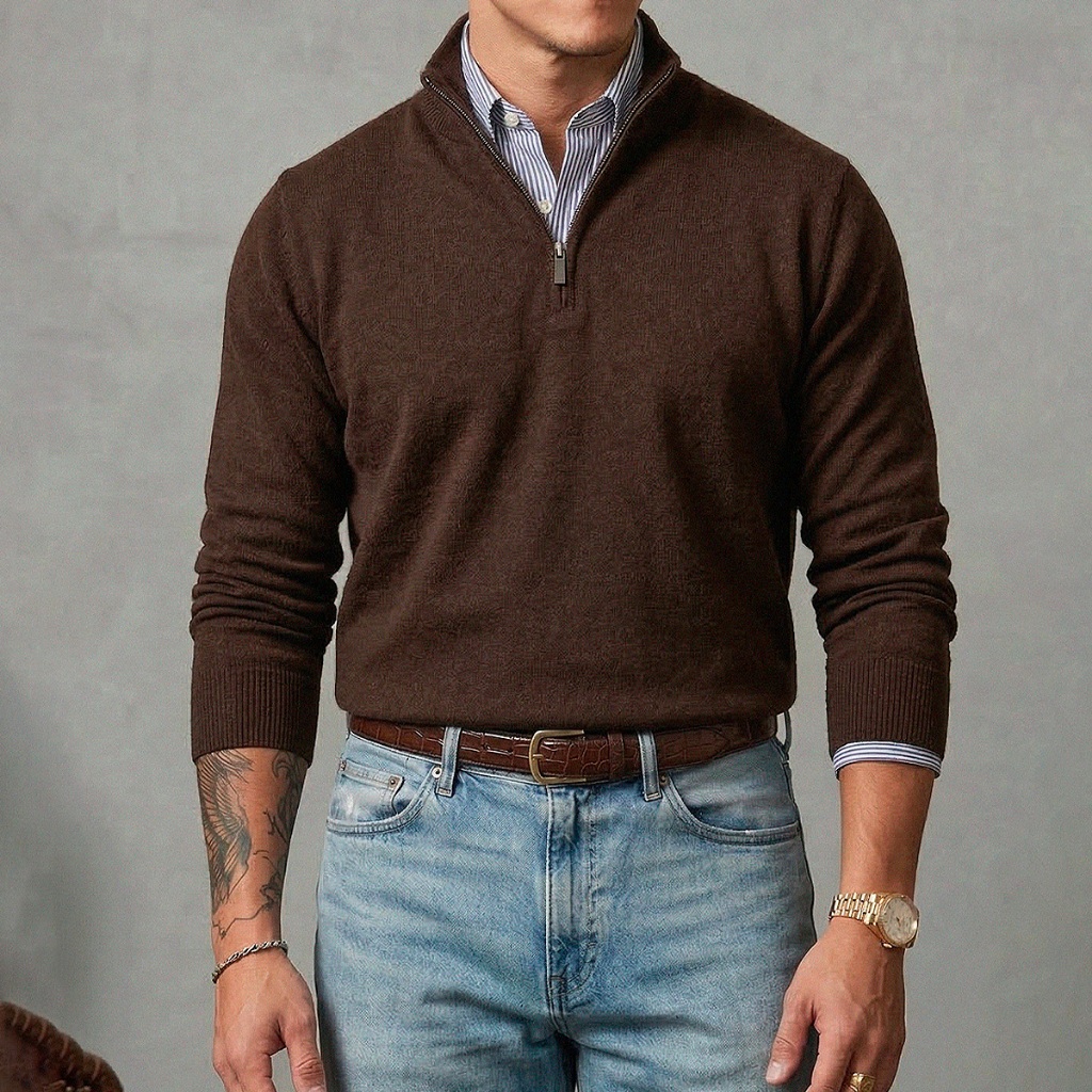 Suéter Old Money Meio Zíper com Gola Alta Masculino Manga Longa Gola polo Inverno Outono Diversas Cores