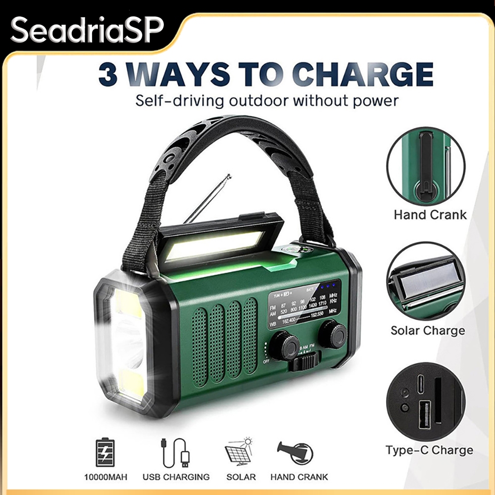 Multifuncional Rádio De Emergência Solar, Rádio De Manivela, Rádio AM/FM Tempo, 10000mAh, Carregamento Tipo C em Oferta na Shopee