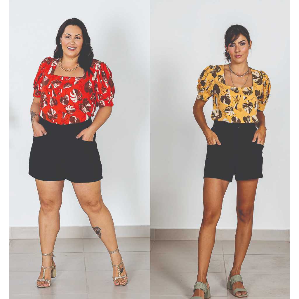 Blusa Crepe Estampada Decote Quadrado Manga Curta