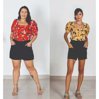 Blusa Crepe Estampada Decote Quadrado Manga Curta