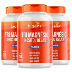 Kit 3 Tri Magnésio (dimalato, quelato e taurato) Inositol Relax, Vitamina B6, 120 Cápsulas, Bigens