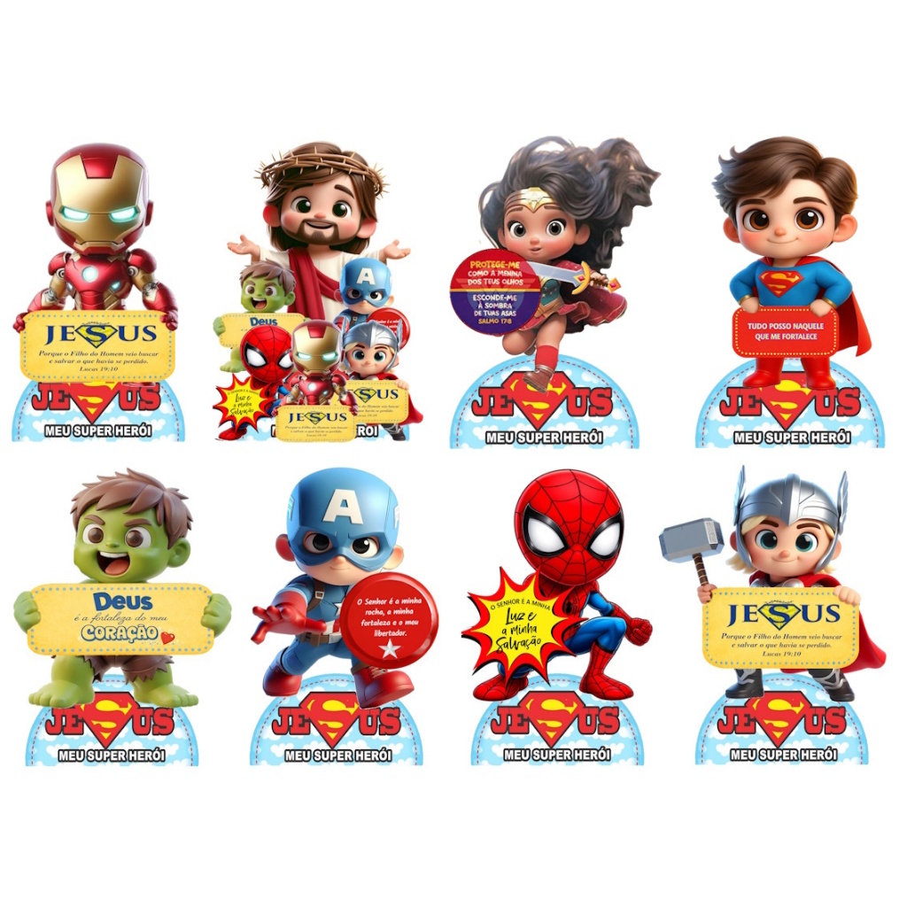 JESUS É MEU VERDADEIRO HEROIS  ELE ME FORTALECE KIT 8 DISPLAY DE 20 CM DE MESA DECORAÇÃO DE FESTA