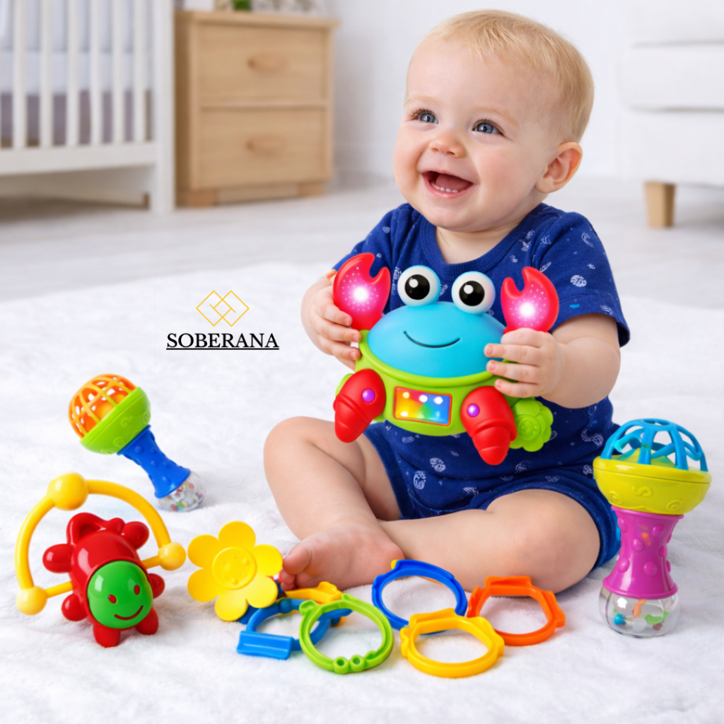 Kit Caranguejo Fujão + Kit Mordedor Silicone Infantil Seguro Musical Luz Led Chocalho Interativo em Oferta na Shopee