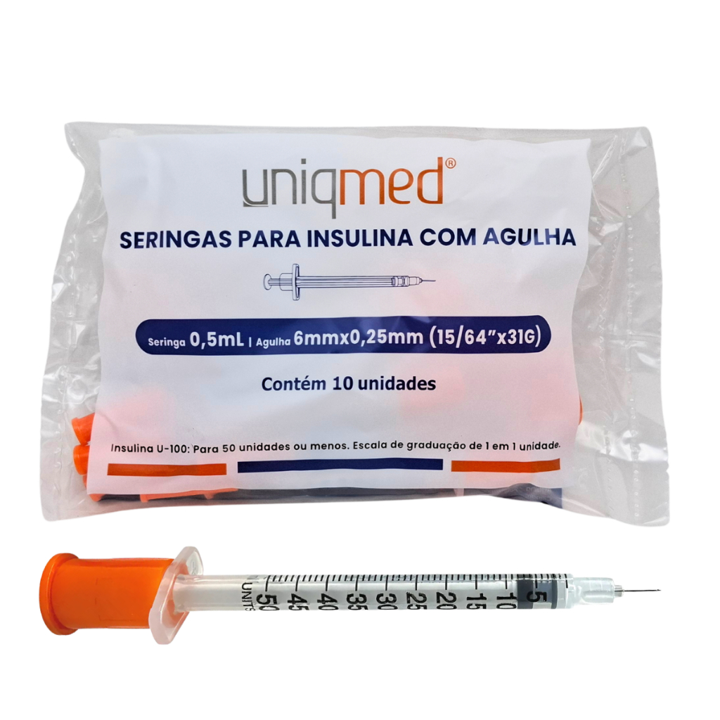 Seringa 0,5ml 6mm 31G 50UI Uniqmed com Agulha Fixa Estéril 10 Unidades