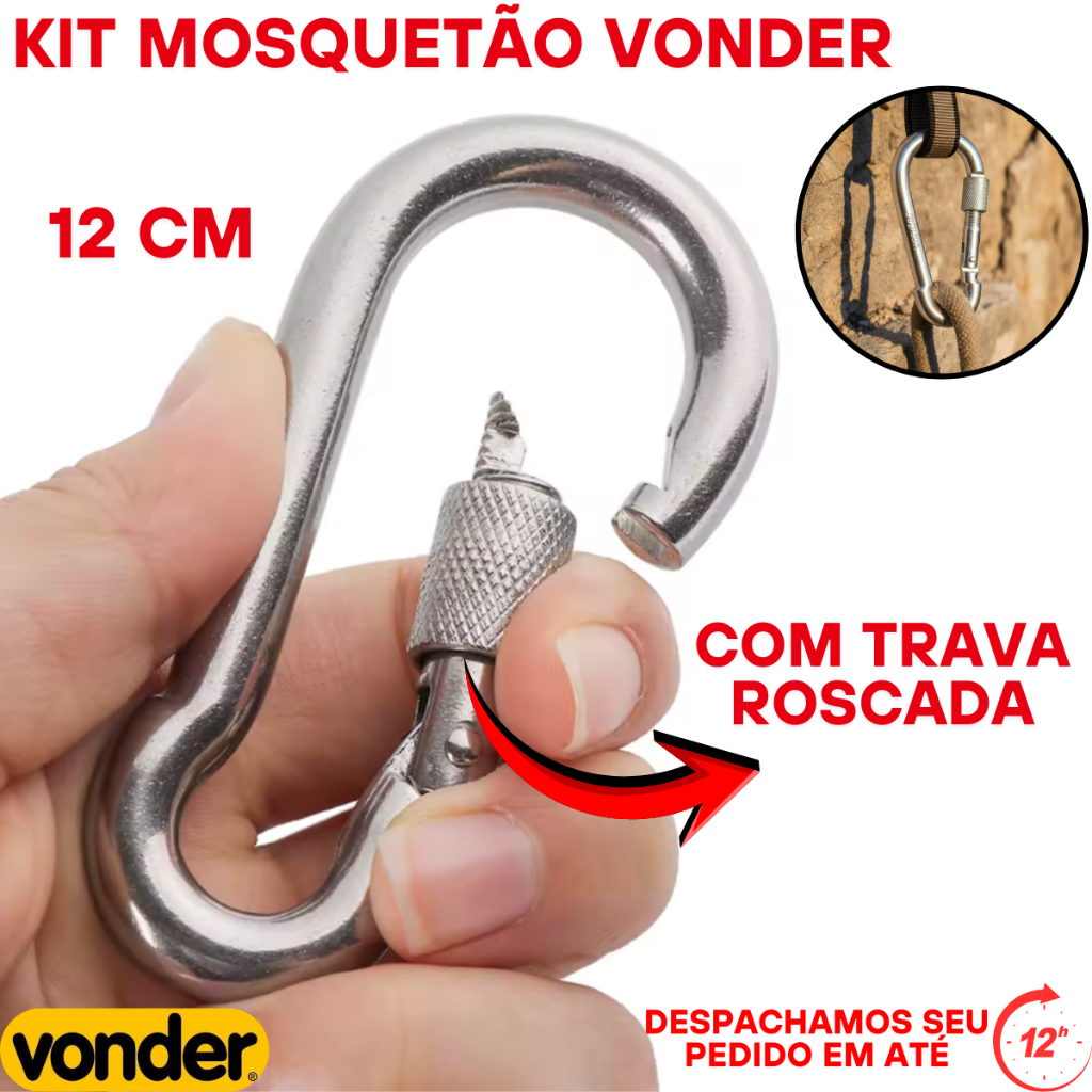 Oferta de 1 até 6 Mosquetão de 12cm-Trava ROSCADA p/ fixação de objeto/Equipamento-suporta até 450kg