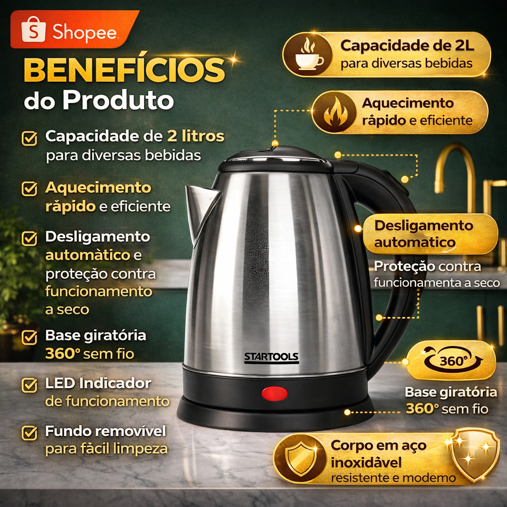Chaleira Jarra Elétrica 2L Inox Com Base Giratória 127V/220V Com Desligamento Automático