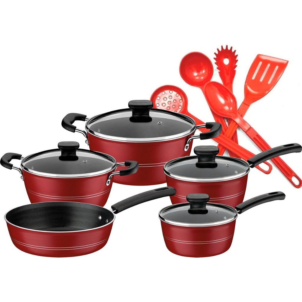 Jogo de Panelas Tramontina 5 Peças Sicília e Utensílios Em Nylon 5pçs Vermelho em Oferta na Shopee